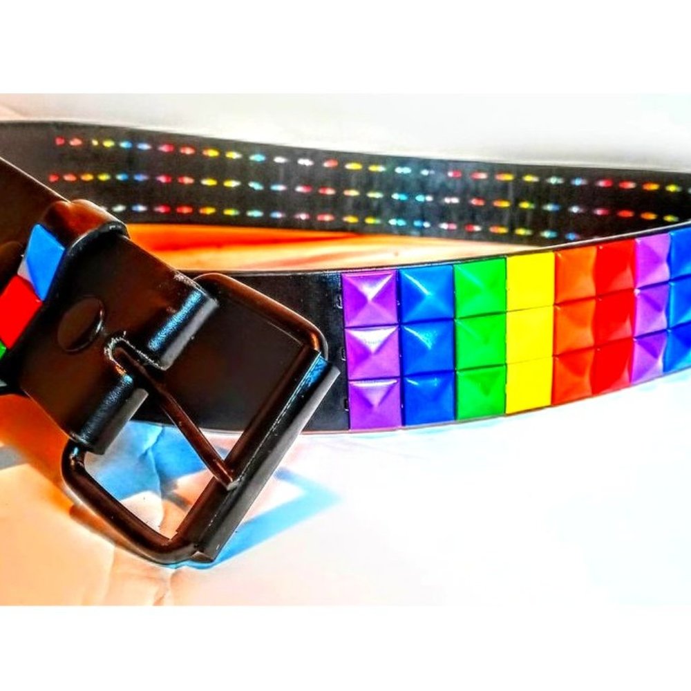 LGBTQ Pride Black Leather Rainbow Pyramid Belt